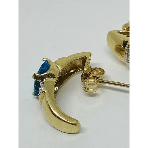 10K Yellow Gold Blue Topaz Diamond Earrings Half Hoop - Picture 7 of 7